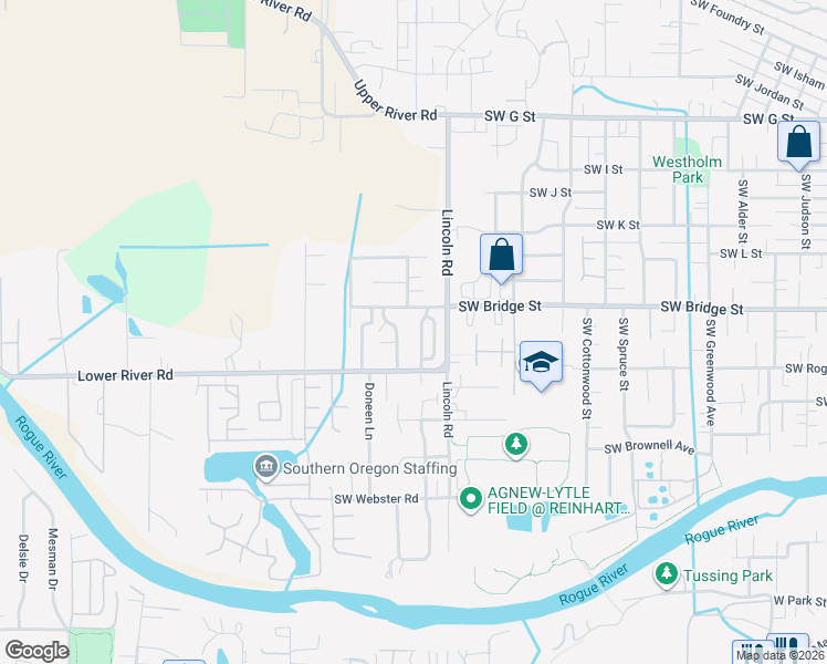 map of restaurants, bars, coffee shops, grocery stores, and more near 2153 Southwest Bridge Street in Grants Pass