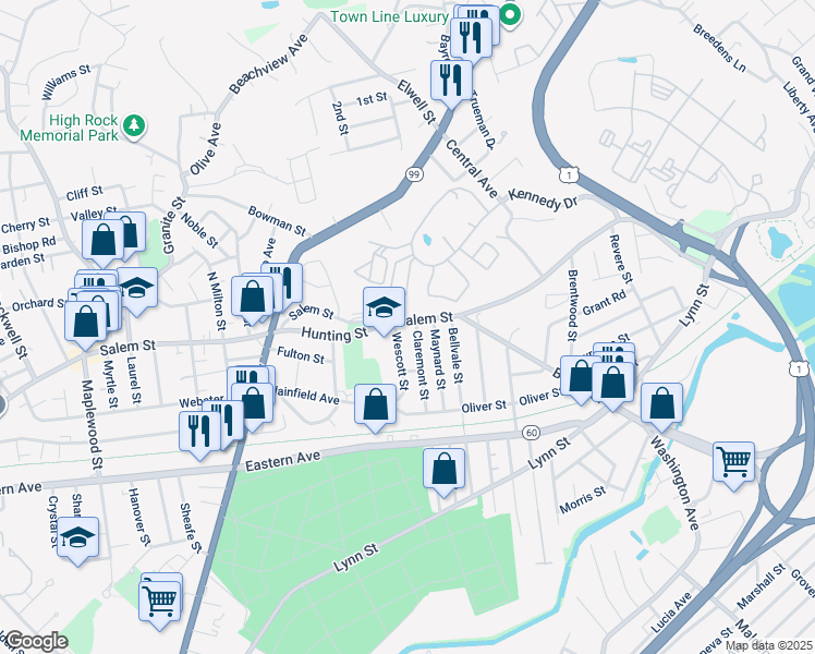 map of restaurants, bars, coffee shops, grocery stores, and more near 1078 Salem Street in Malden