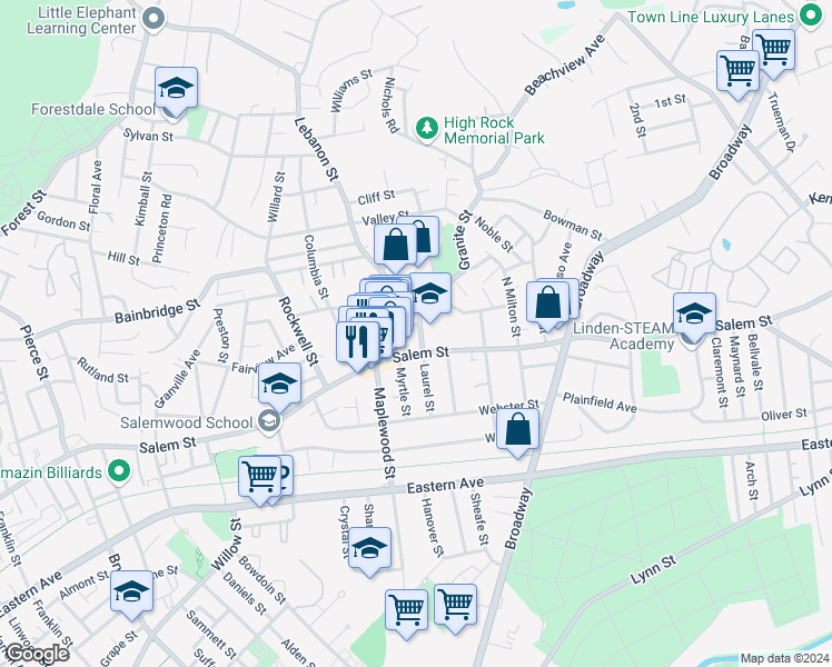 map of restaurants, bars, coffee shops, grocery stores, and more near 3 Laurel Street in Malden