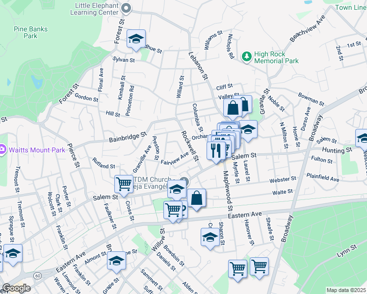 map of restaurants, bars, coffee shops, grocery stores, and more near 75 Orchard Street in Malden