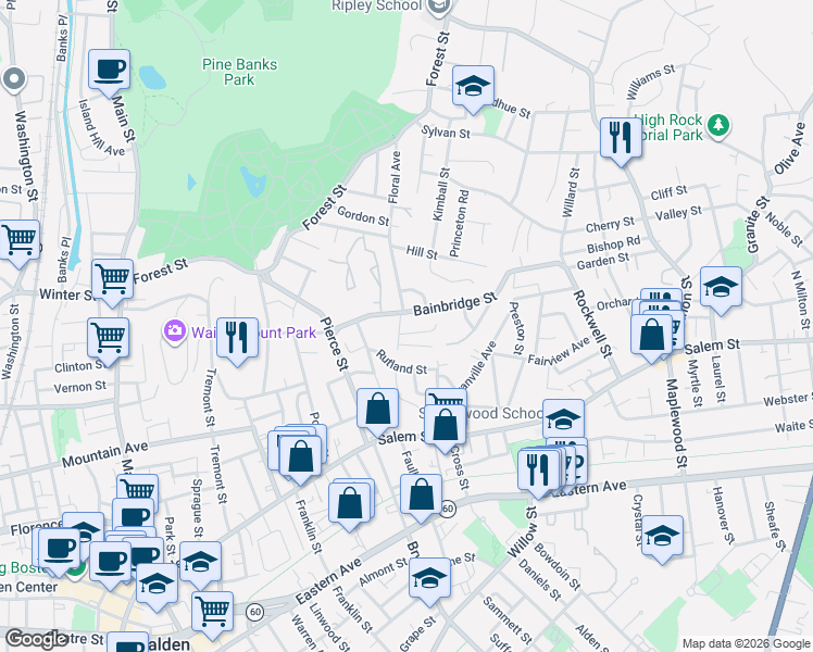 map of restaurants, bars, coffee shops, grocery stores, and more near 197 Bainbridge Street in Malden