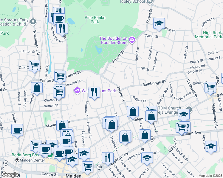 map of restaurants, bars, coffee shops, grocery stores, and more near 40 Oakland Road in Malden