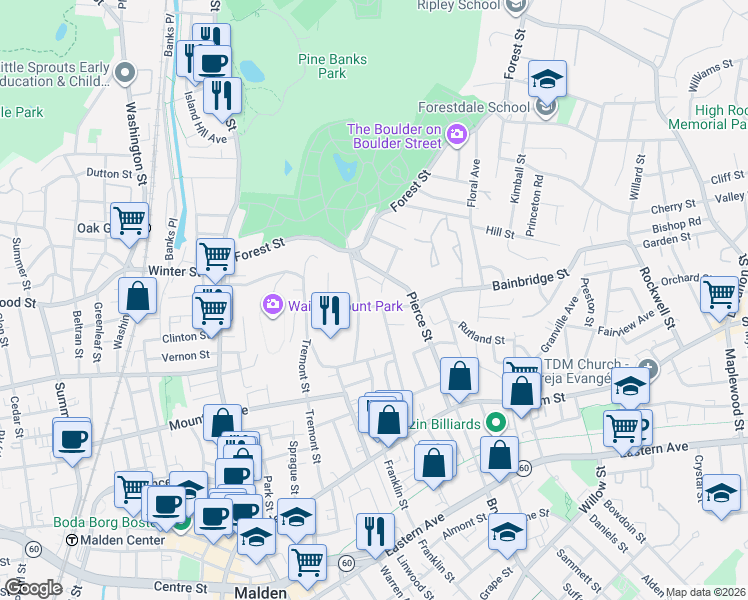 map of restaurants, bars, coffee shops, grocery stores, and more near 40 Oakland Road in Malden