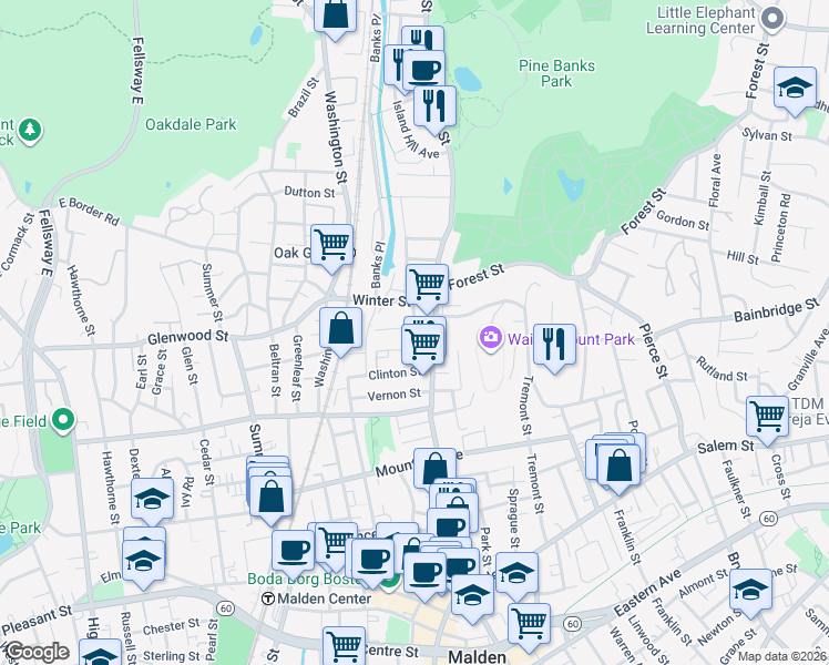 map of restaurants, bars, coffee shops, grocery stores, and more near 17 Woodrow Avenue in Malden
