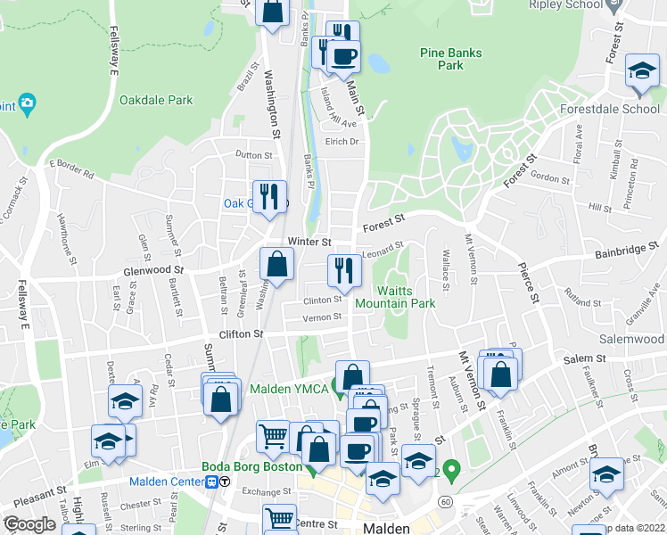map of restaurants, bars, coffee shops, grocery stores, and more near 17 Woodrow Avenue in Malden
