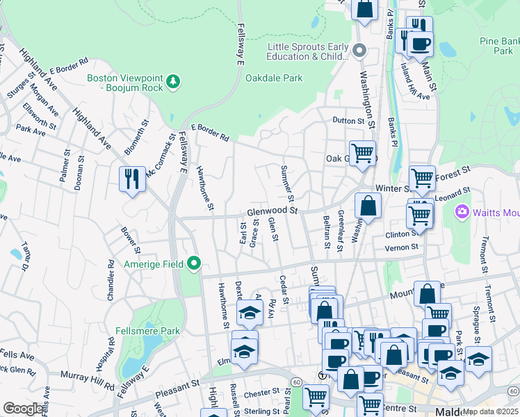 map of restaurants, bars, coffee shops, grocery stores, and more near 97 Glen Street in Malden