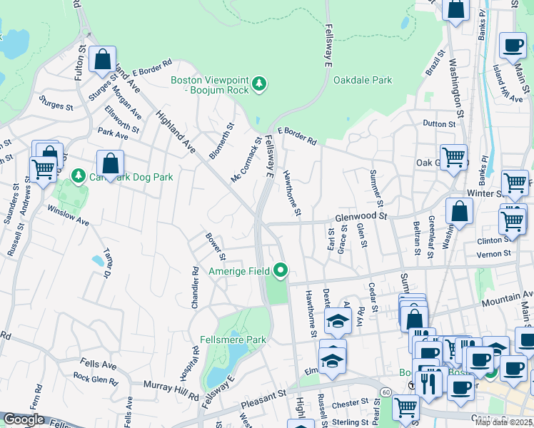 map of restaurants, bars, coffee shops, grocery stores, and more near 478 Fellsway East in Malden