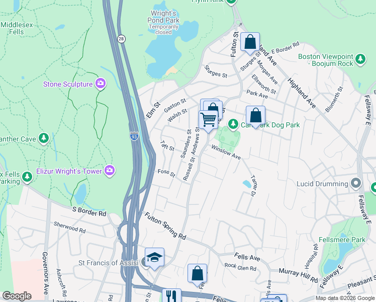 map of restaurants, bars, coffee shops, grocery stores, and more near 14 Scott Street in Medford