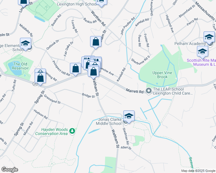map of restaurants, bars, coffee shops, grocery stores, and more near 283 Marrett Road in Lexington