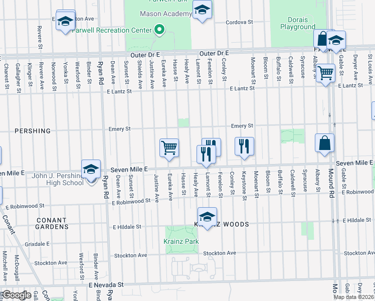map of restaurants, bars, coffee shops, grocery stores, and more near 19208 Hasse Street in Detroit
