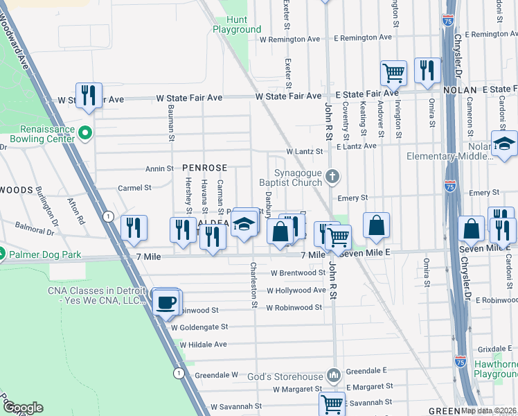 map of restaurants, bars, coffee shops, grocery stores, and more near 19351 Charleston Street in Highland Park