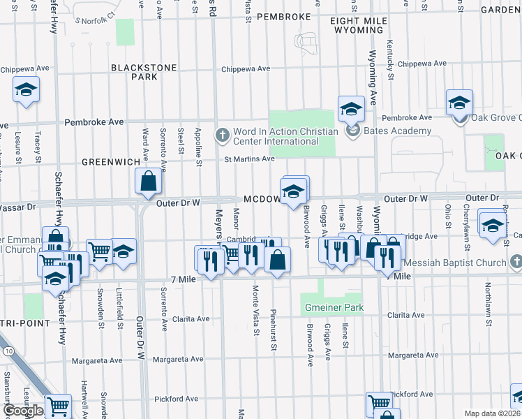 map of restaurants, bars, coffee shops, grocery stores, and more near 4268 Outer Drive West in Detroit