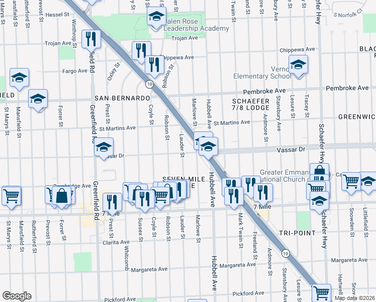 map of restaurants, bars, coffee shops, grocery stores, and more near 19449 James Couzens Freeway in Detroit