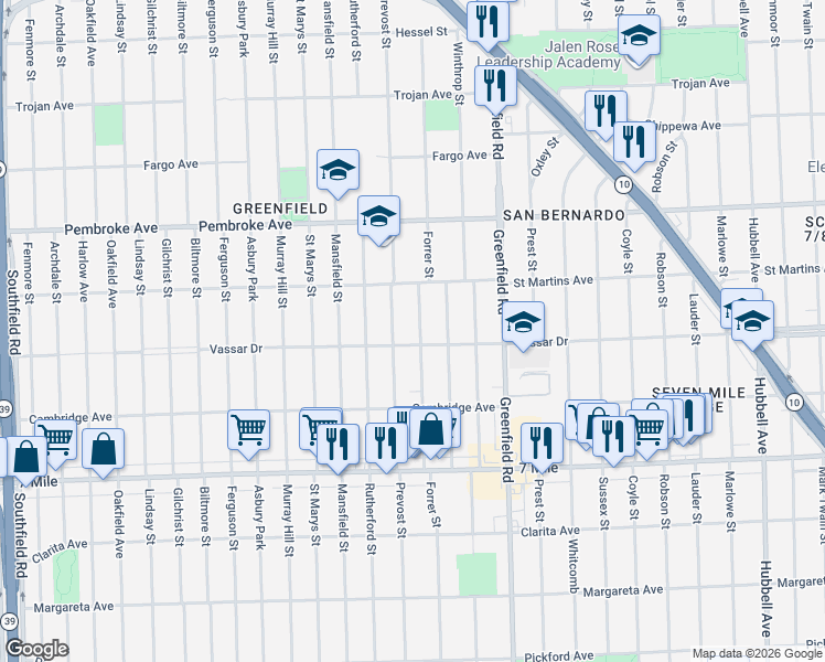map of restaurants, bars, coffee shops, grocery stores, and more near 19471 Forrer Street in Detroit