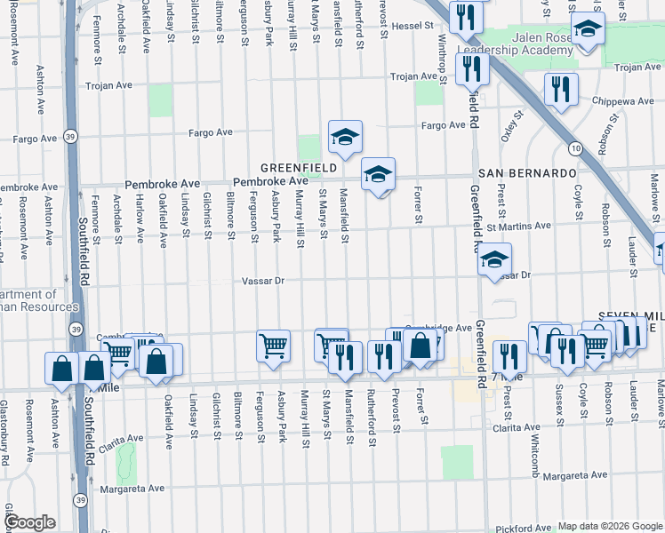 map of restaurants, bars, coffee shops, grocery stores, and more near 19481 Mansfield Street in Detroit