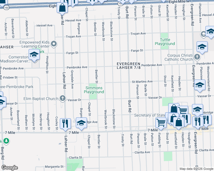 map of restaurants, bars, coffee shops, grocery stores, and more near 19711 Blackstone Street in Detroit