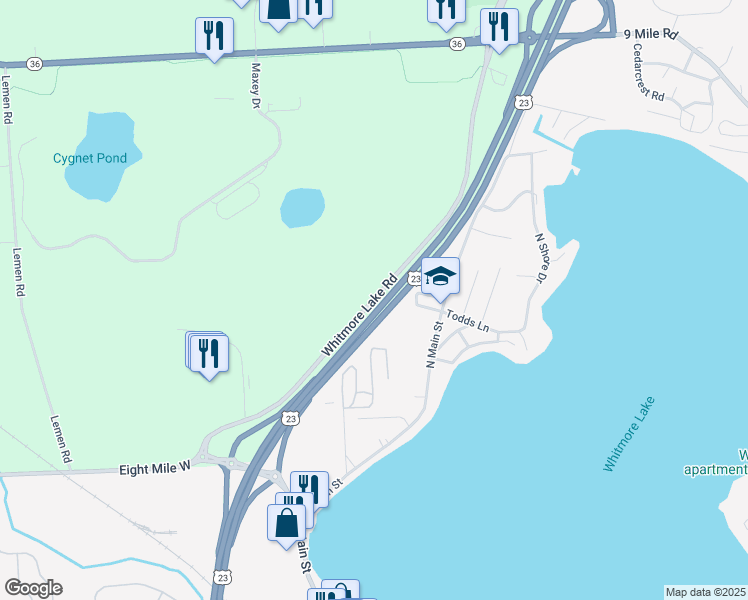 map of restaurants, bars, coffee shops, grocery stores, and more near 11549 Whitmore Lake Road in Whitmore Lake