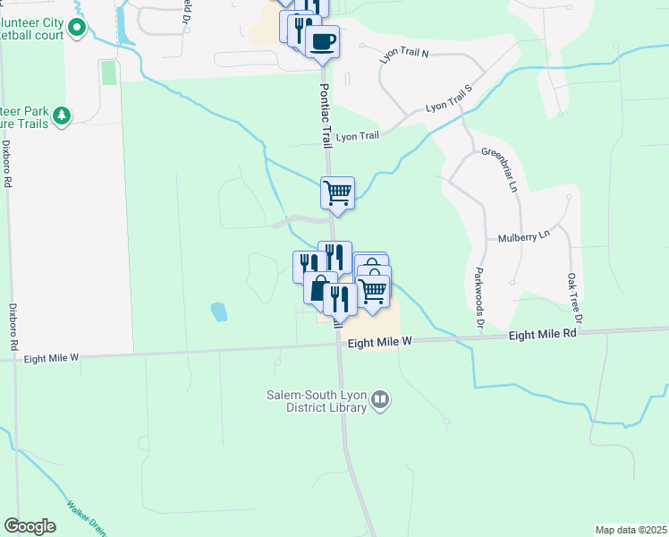 map of restaurants, bars, coffee shops, grocery stores, and more near 20906 Pontiac Trail in South Lyon