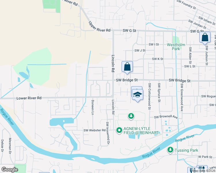 map of restaurants, bars, coffee shops, grocery stores, and more near 127 Southwest Vicki Lane in Grants Pass