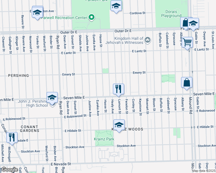 map of restaurants, bars, coffee shops, grocery stores, and more near 19208 Hasse Street in Detroit