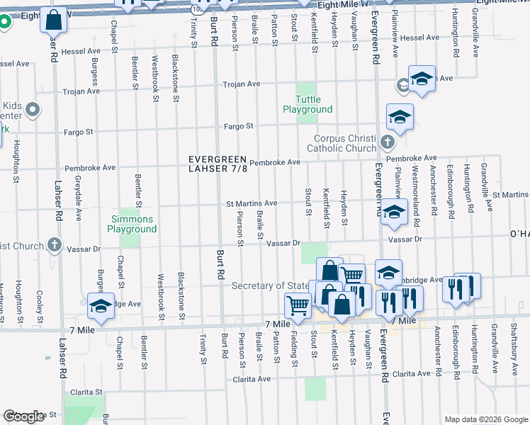 map of restaurants, bars, coffee shops, grocery stores, and more near 19701 Patton Street in Detroit