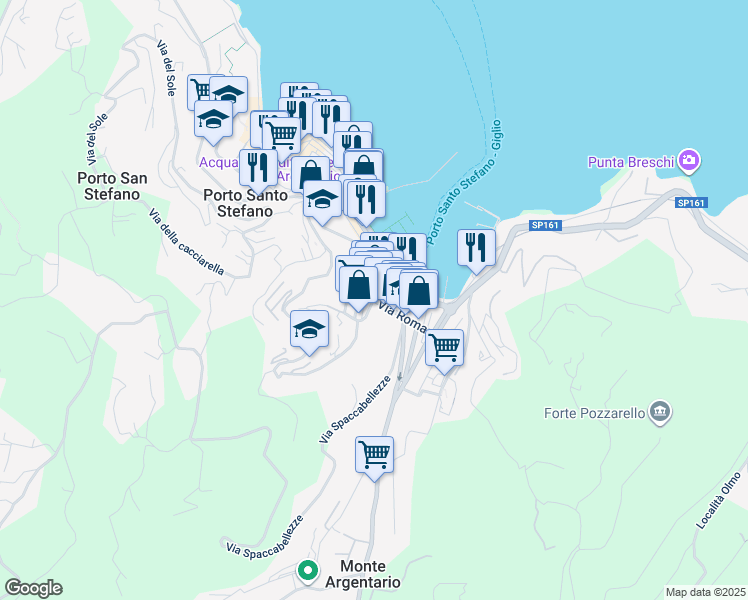 map of restaurants, bars, coffee shops, grocery stores, and more near Via Scarabelli in Porto Santo Stefano