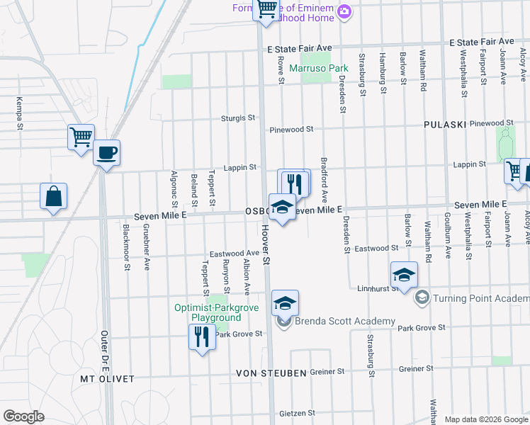 map of restaurants, bars, coffee shops, grocery stores, and more near Hoover St & E 7 Mile Rd in Detroit