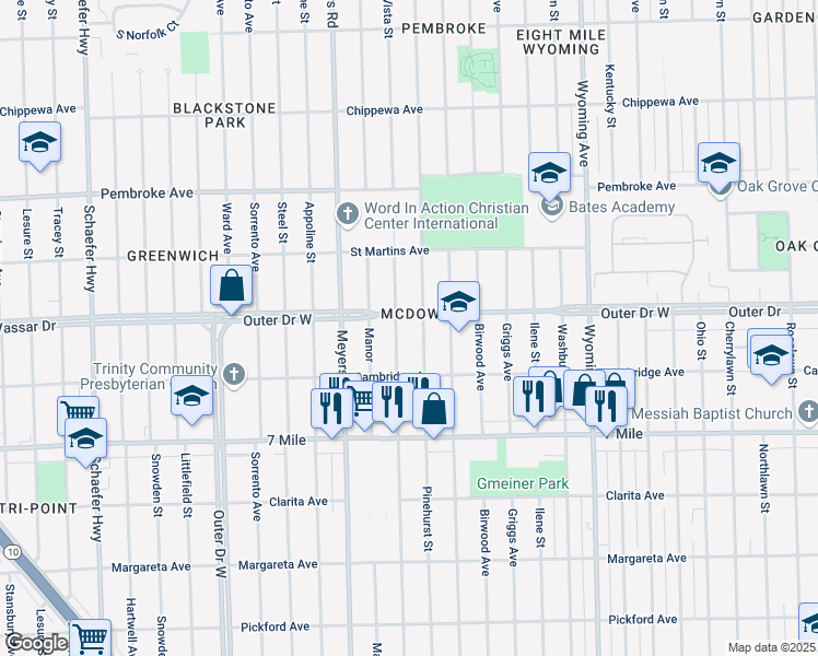 map of restaurants, bars, coffee shops, grocery stores, and more near 4268 Outer Drive West in Detroit