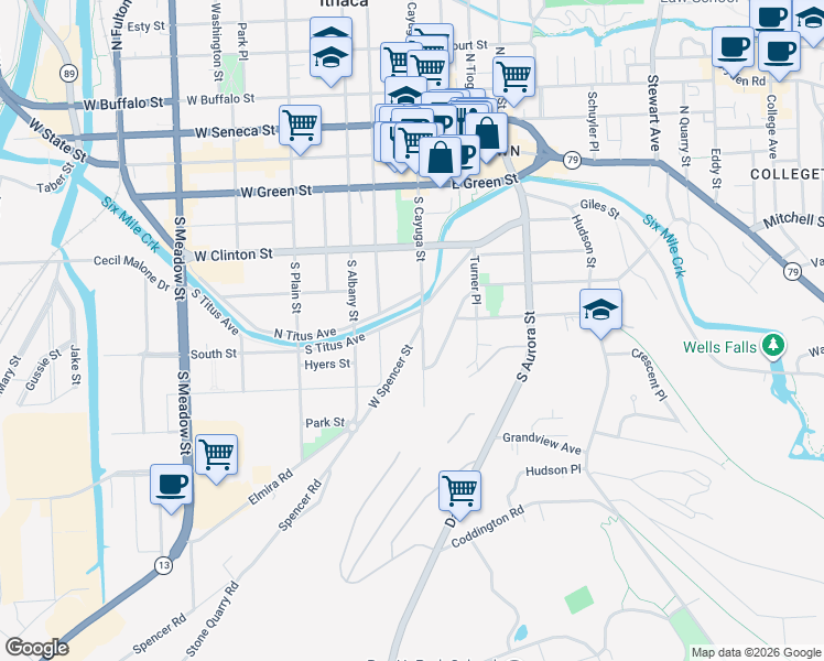 map of restaurants, bars, coffee shops, grocery stores, and more near 206 West Spencer Street in Ithaca