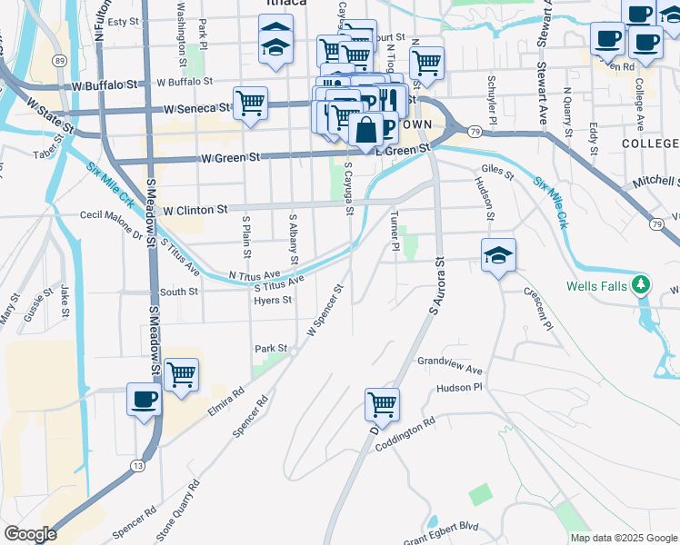 map of restaurants, bars, coffee shops, grocery stores, and more near 339 South Geneva Street in Ithaca