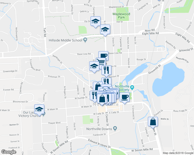 map of restaurants, bars, coffee shops, grocery stores, and more near 201 Elm Street in Northville