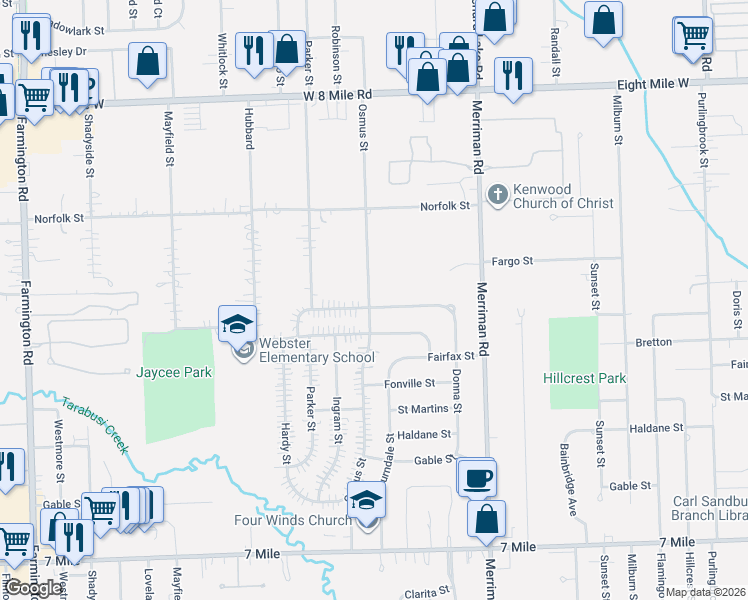 map of restaurants, bars, coffee shops, grocery stores, and more near 19991 Osmus Street in Livonia