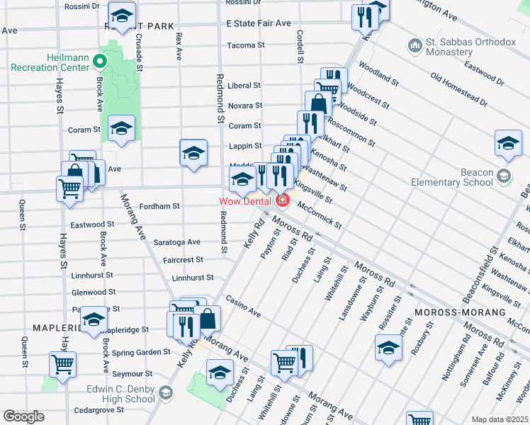 map of restaurants, bars, coffee shops, grocery stores, and more near Kelly Road & Moross Road in Detroit