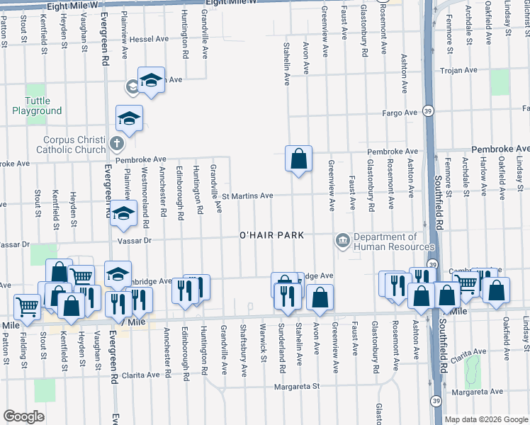 map of restaurants, bars, coffee shops, grocery stores, and more near 19506 Sunderland Road in Detroit