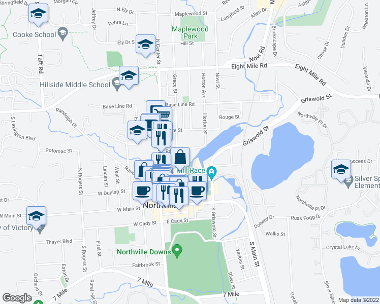 map of restaurants, bars, coffee shops, grocery stores, and more near 280 Hutton Street in Northville