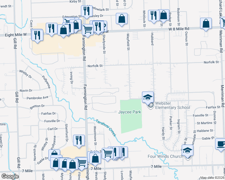 map of restaurants, bars, coffee shops, grocery stores, and more near 33001 Fargo Street in Livonia