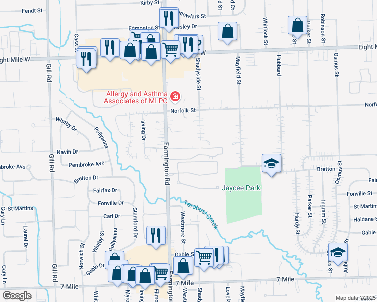 map of restaurants, bars, coffee shops, grocery stores, and more near 19937 Shadyside Street in Livonia