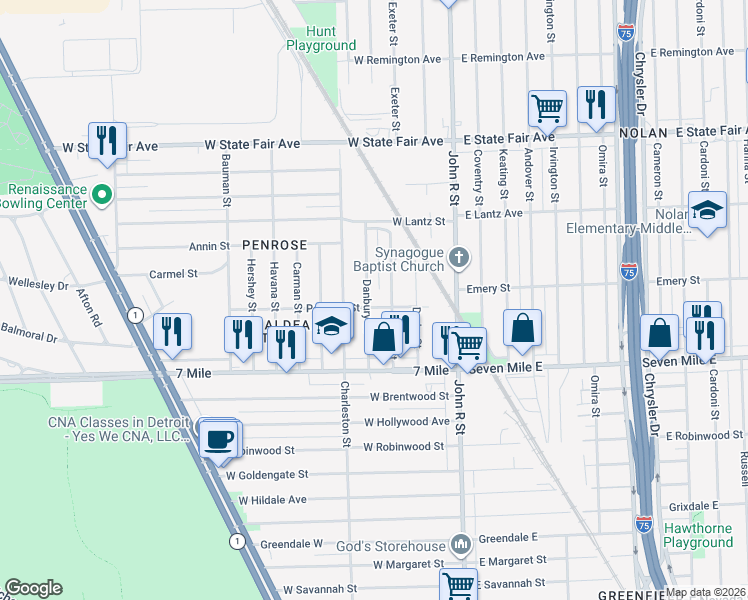 map of restaurants, bars, coffee shops, grocery stores, and more near 19348 Danbury Street in Detroit