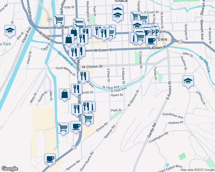 map of restaurants, bars, coffee shops, grocery stores, and more near 414 North Titus Avenue in Ithaca