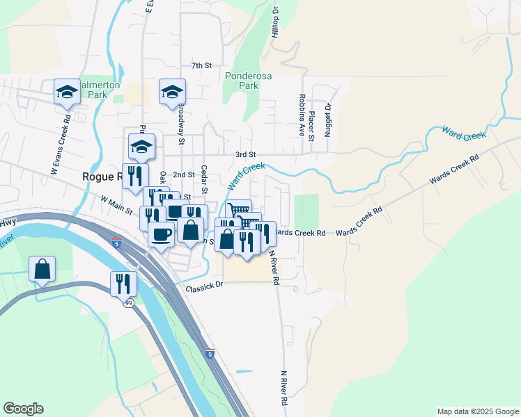 map of restaurants, bars, coffee shops, grocery stores, and more near 199 Rogue Lane in Rogue River