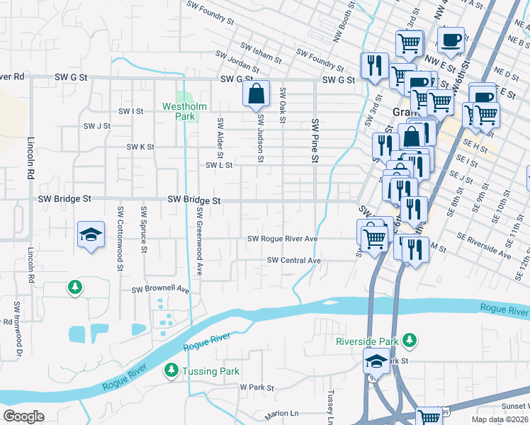 map of restaurants, bars, coffee shops, grocery stores, and more near 909 Southwest Bridge Street in Grants Pass