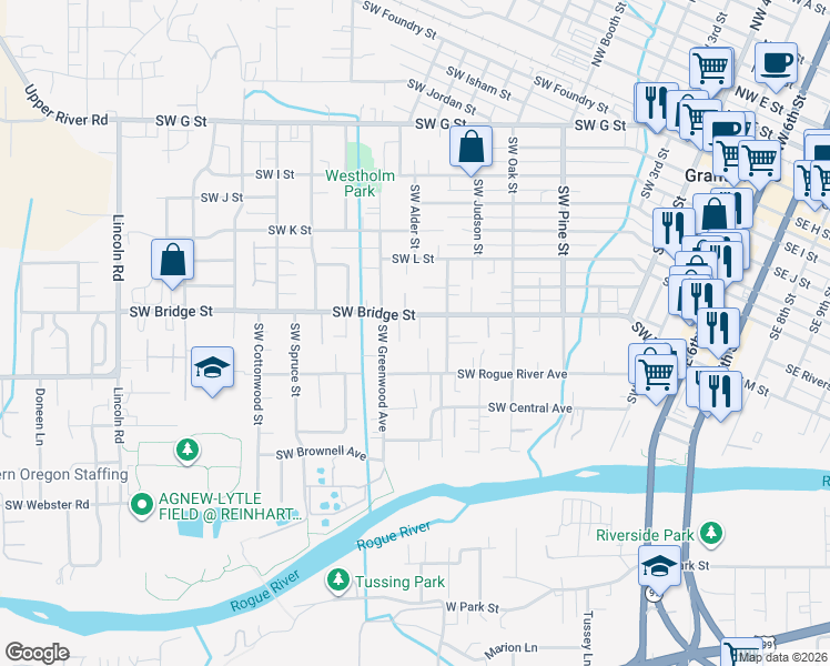 map of restaurants, bars, coffee shops, grocery stores, and more near 1119 Southwest Bridge Street in Grants Pass