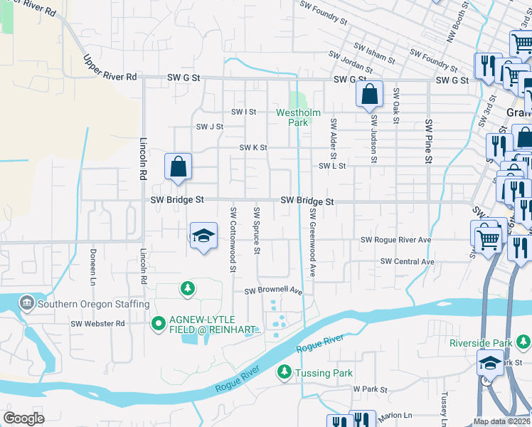 map of restaurants, bars, coffee shops, grocery stores, and more near 1467 Southwest Bridge Street in Grants Pass