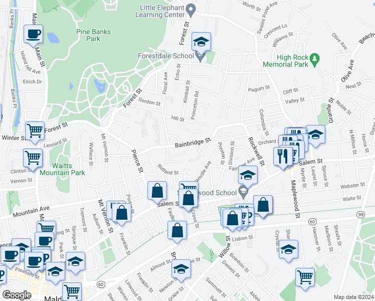 map of restaurants, bars, coffee shops, grocery stores, and more near 155 Bainbridge Street in Malden