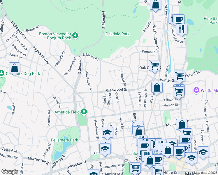 map of restaurants, bars, coffee shops, grocery stores, and more near 81 Woodland Road in Malden