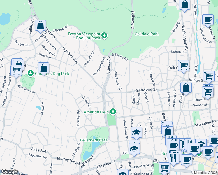 map of restaurants, bars, coffee shops, grocery stores, and more near 478 Fellsway East in Malden