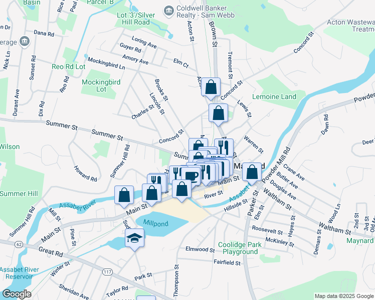 map of restaurants, bars, coffee shops, grocery stores, and more near 19 Concord Street in Maynard