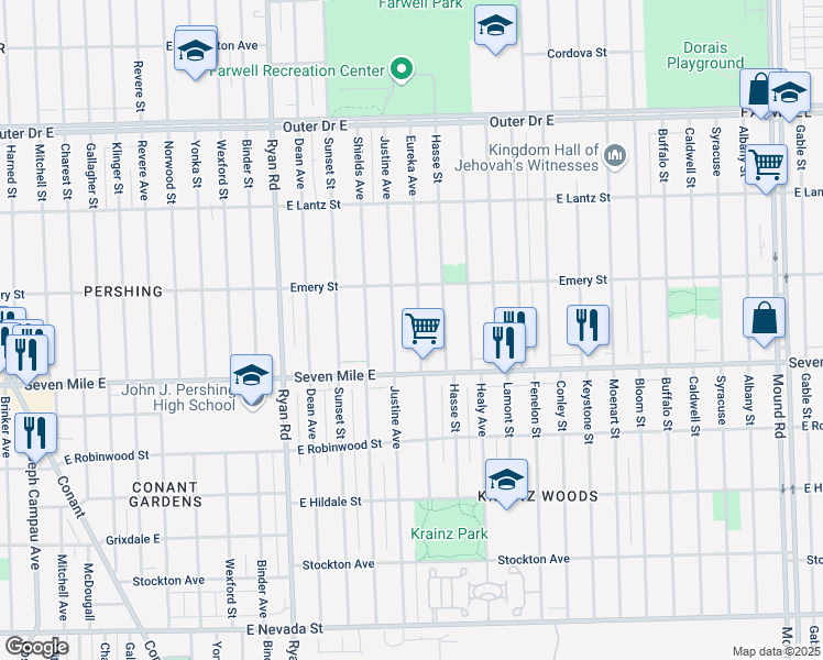 map of restaurants, bars, coffee shops, grocery stores, and more near 19215 Eureka Street in Detroit