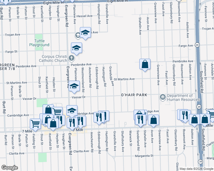 map of restaurants, bars, coffee shops, grocery stores, and more near 19514 Huntington Road in Detroit