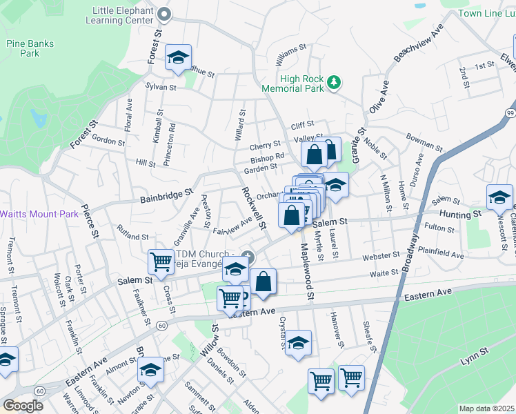 map of restaurants, bars, coffee shops, grocery stores, and more near 75 Orchard Street in Malden